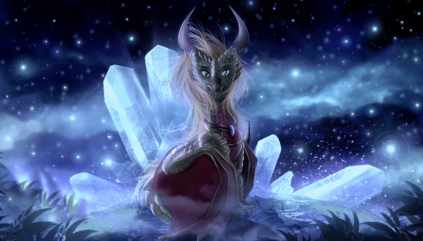 2016 blue_eyes brown_hair claws detailed_background digital_media_(artwork) dragon eyelashes feral hair looking_at_viewer membranous_wings night outside solo telleryspyro wings