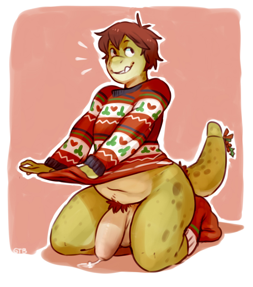 &lt;3 anthro balls clothed clothing cum cum_on_ground glitter_trap_boy hair half-erect hi_res holidays legwear lizard looking_away male navel orgasm penis pubes reptile scalie sharp_teeth sitting slightly_chubby smile socks solo sweater teeth thick_penis uncut