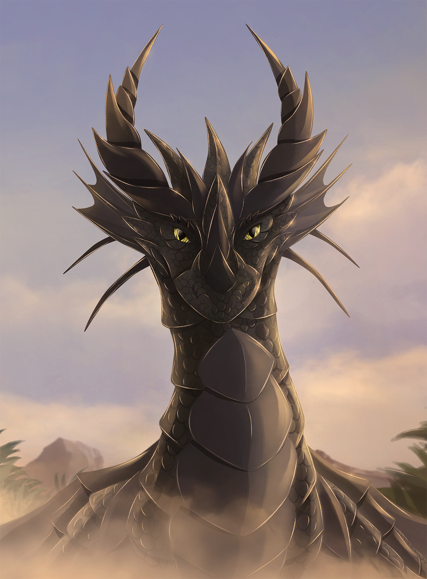 2017 black_scales day detailed_background digital_media_(artwork) dragon feral horn looking_at_viewer outside scales solo telleryspyro yellow_eyes