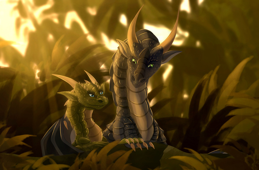 2017 black_scales blue_eyes claws day detailed_background digital_media_(artwork) dragon duo female feral green_eyes horn male outside scales telleryspyro