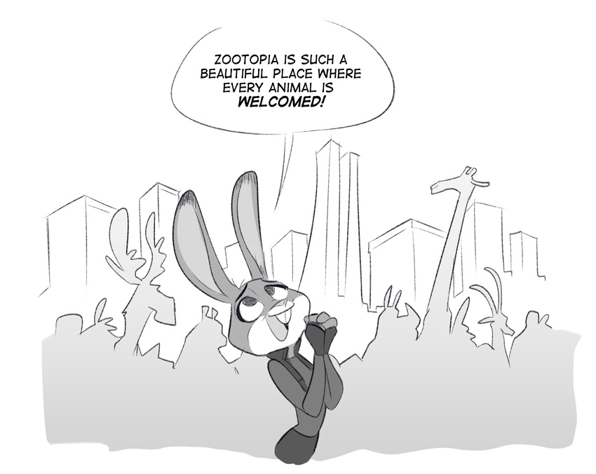 anthro cervine city clothing dialogue disney english_text giraffe greyscale hands_together herny hi_res judy_hopps lagomorph looking_up mammal monochrome moose open_mouth open_smile police rabbit raised_inner_eyebrows rhinoceros smile solo_focus speech_bubble text zootopia