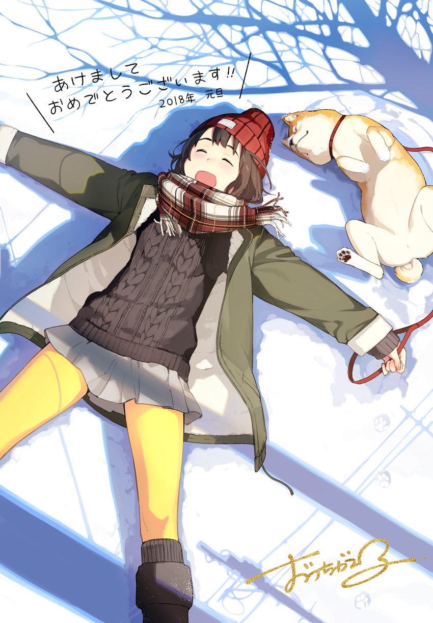 :d animal aran_sweater bad_id bad_pixiv_id beanie black_footwear black_sweater boots brown_hair checkered checkered_scarf chinese_zodiac closed_eyes coat commentary_request dog dog_walking grey_skirt hat highres leash long_sleeves lying on_back open_mouth original ouchi_kaeru outstretched_arms pantyhose scarf shadow shiba_inu short_hair signature skirt smile snow solo spread_arms sweater translation_request year_of_the_dog yellow_legwear