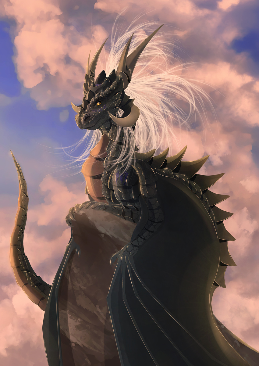 2017 day detailed_background digital_media_(artwork) dragon feral hair horn membranous_wings orange_eyes outside sky solo telleryspyro white_hair wings