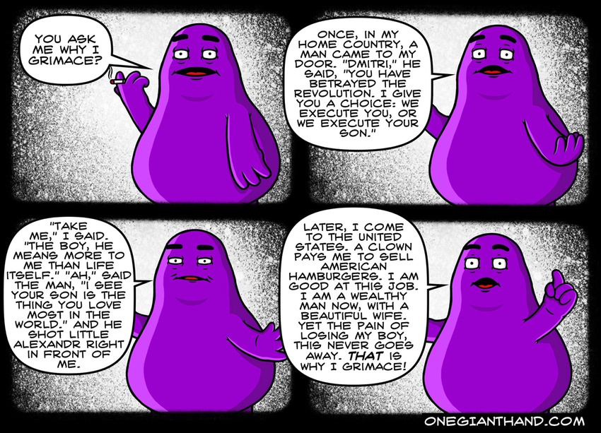 belly big_belly cigarette comic dialogue english_text fur grimace_(character) humor mcdonald's nude onegianthand open_mouth purple_fur smoking speech_bubble text unknown_species url