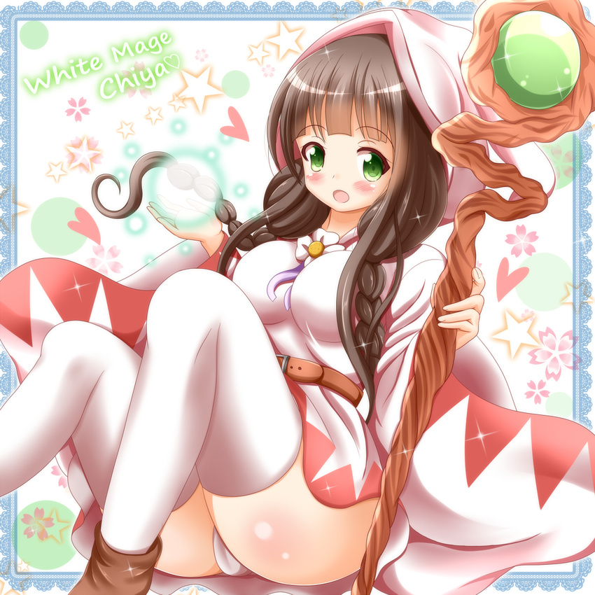 breasts brown_hair cameltoe character_name commentary_request cosplay english final_fantasy gochuumon_wa_usagi_desu_ka? green_eyes heart highres hood large_breasts long_hair long_sleeves looking_at_viewer open_mouth panties pantyshot robe smile solo staff ujimatsu_chiya underwear white_mage white_mage_(cosplay) zenon_(for_achieve)