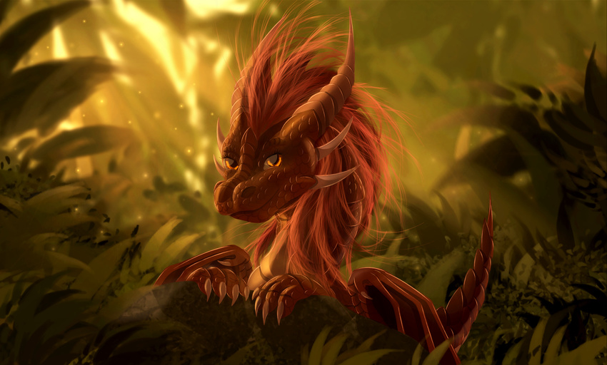 2017 amber_eyes claws day detailed_background digital_media_(artwork) dragon feral hair horn membranous_wings outside red_hair solo telleryspyro wings