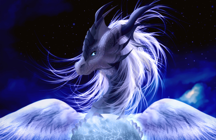 blue_eyes digital_media_(artwork) dragon feathered_wings feathers feral hair horn night outside sky solo star starry_sky telleryspyro white_feathers white_hair wings