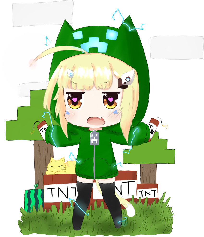 ahoge animal animal_ears animal_hood azur_lane bailingxiao_jiu bangs black_legwear blush brown_eyes cat cat_ears cat_girl cat_hood cat_tail chibi cloud commentary_request creeparka creeper crossover dynamite eldridge_(azur_lane) electricity eyebrows_visible_through_hair facial_mark fang green_hoodie heart heart-shaped_pupils highres holding hood hood_up hoodie kemonomimi_mode long_sleeves minecraft no_shoes open_mouth sidelocks sleeves_past_fingers sleeves_past_wrists solo standing symbol-shaped_pupils tail thighhighs tnt tree v-shaped_eyebrows white_background zipper_pull_tab