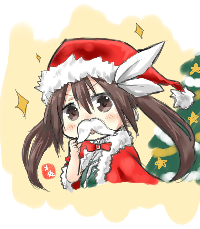 absurdres artist_name blush bow bowtie brown_eyes brown_hair capelet chibi christmas_tree commentary_request fake_facial_hair fake_mustache fur_trim hair_between_eyes hair_bow hand_up hat highres kantai_collection looking_at_viewer orange_background red_capelet red_hat red_neckwear santa_costume santa_hat signature simple_background sketch solo sparkle taisa_(kari) tone_(kantai_collection) twintails white_bow