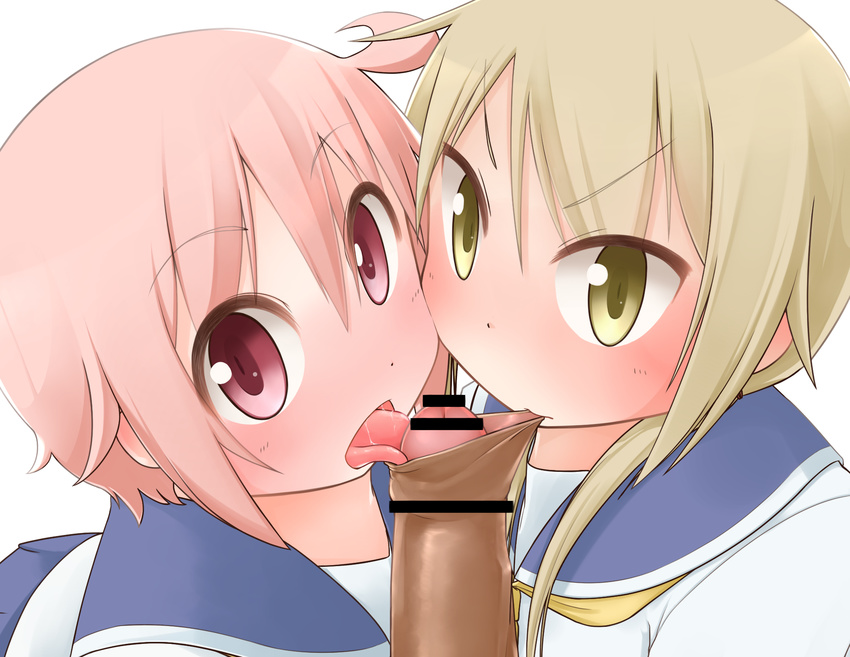 1boy 2girls blonde_hair blush fellatio ichii_yui looking_at_viewer multiple_girls nonohara_yuzuko pink_hair red_eyes tongue yellow_eyes yuyushiki