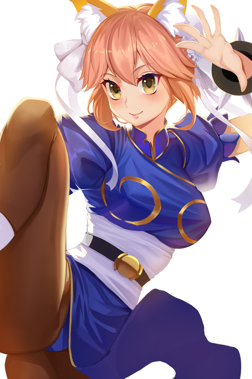 absurdres animal_ears bangs blue_leotard blush breasts brown_legwear china_dress chinese_clothes chun-li chun-li_(cosplay) closed_mouth commentary_request cosplay dress fate/grand_order fate_(series) fox_ears gaoyang_ou_nisang hair_ribbon hand_up highres large_breasts leg_up leotard md5_mismatch pantyhose pink_hair puffy_short_sleeves puffy_sleeves ribbon sash short_hair short_sleeves simple_background smile solo street_fighter tamamo_(fate)_(all) tamamo_no_mae_(fate) white_background white_ribbon yellow_eyes