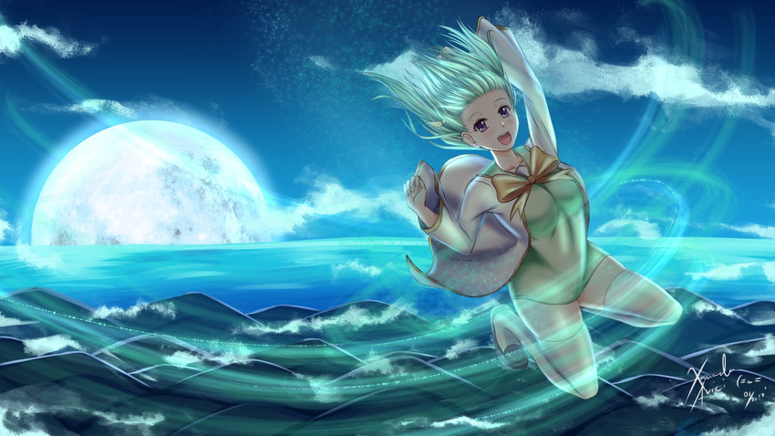 :d arm_up artist_name cloud cloudy_sky commentary dated dress english_commentary floating floating_hair full_moon green_hair highres horizon long_sleeves looking_at_viewer moon nature night night_sky open_mouth outdoors purple_eyes rabi-ribi saya_(rabi_ribi) shoes short_hair sky smile solo thighhighs water waves white_legwear wind wind_lift xanadu_avici zettai_ryouiki