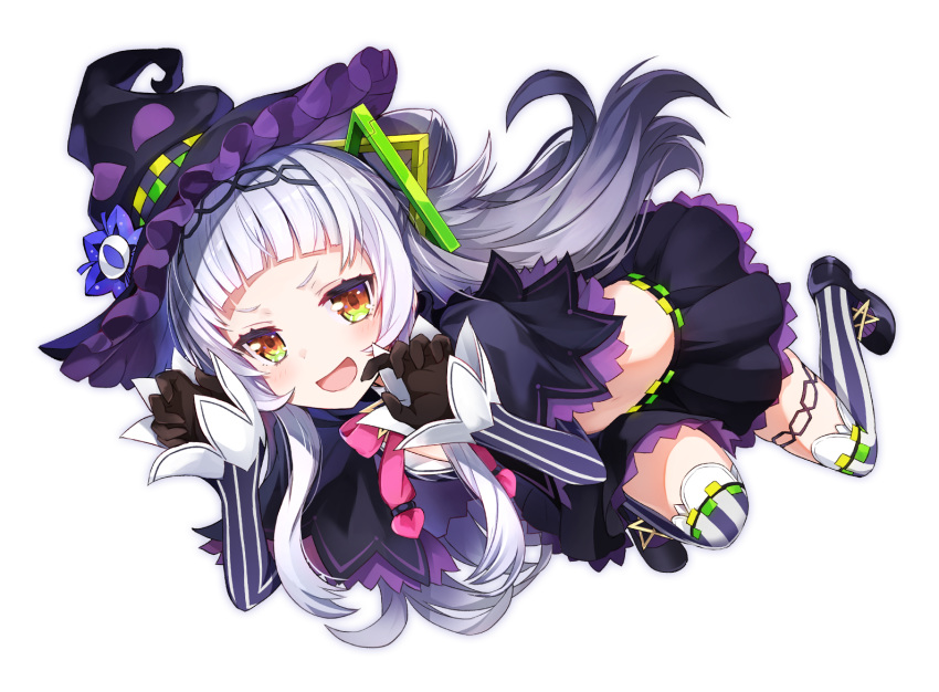 1girl :d amagai_tarou bangs black_capelet black_footwear black_gloves black_hat black_skirt blunt_bangs blush capelet checkered commentary_request crop_top full_body gloves hair_ornament hands_up hat hololive long_hair long_sleeves looking_at_viewer midriff miniskirt murasaki_shion neck_ribbon open_mouth orange_eyes pink_neckwear ribbon shirt shoes sidelocks silver_hair simple_background skirt sleeves_past_wrists smile solo striped striped_legwear striped_shirt thighhighs v-shaped_eyebrows virtual_youtuber white_background witch_hat