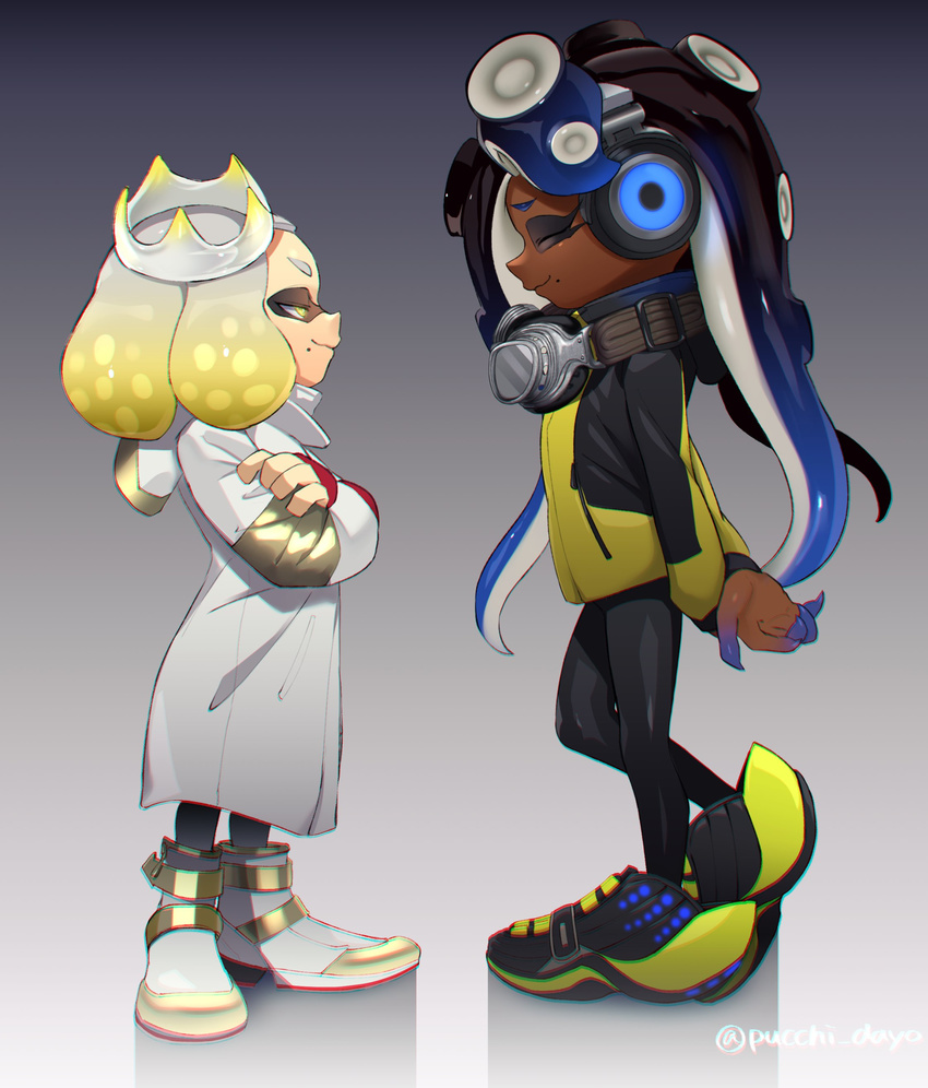 absurdres arms_behind_back boots closed_eyes cosplay crossed_arms crown dark_skin emperor_(splatoon) emperor_(splatoon)_(cosplay) full_body goggle-kun_(splatoon) goggle-kun_(splatoon)_(cosplay) goggles goggles_around_neck gradient gradient_background headphones height_difference highres hime_(splatoon) iida_(splatoon) jacket long_hair looking_at_another multiple_girls octarian puchiman short_hair splatoon_(manga) splatoon_(series) splatoon_2 tentacle_hair white_hair yellow_eyes