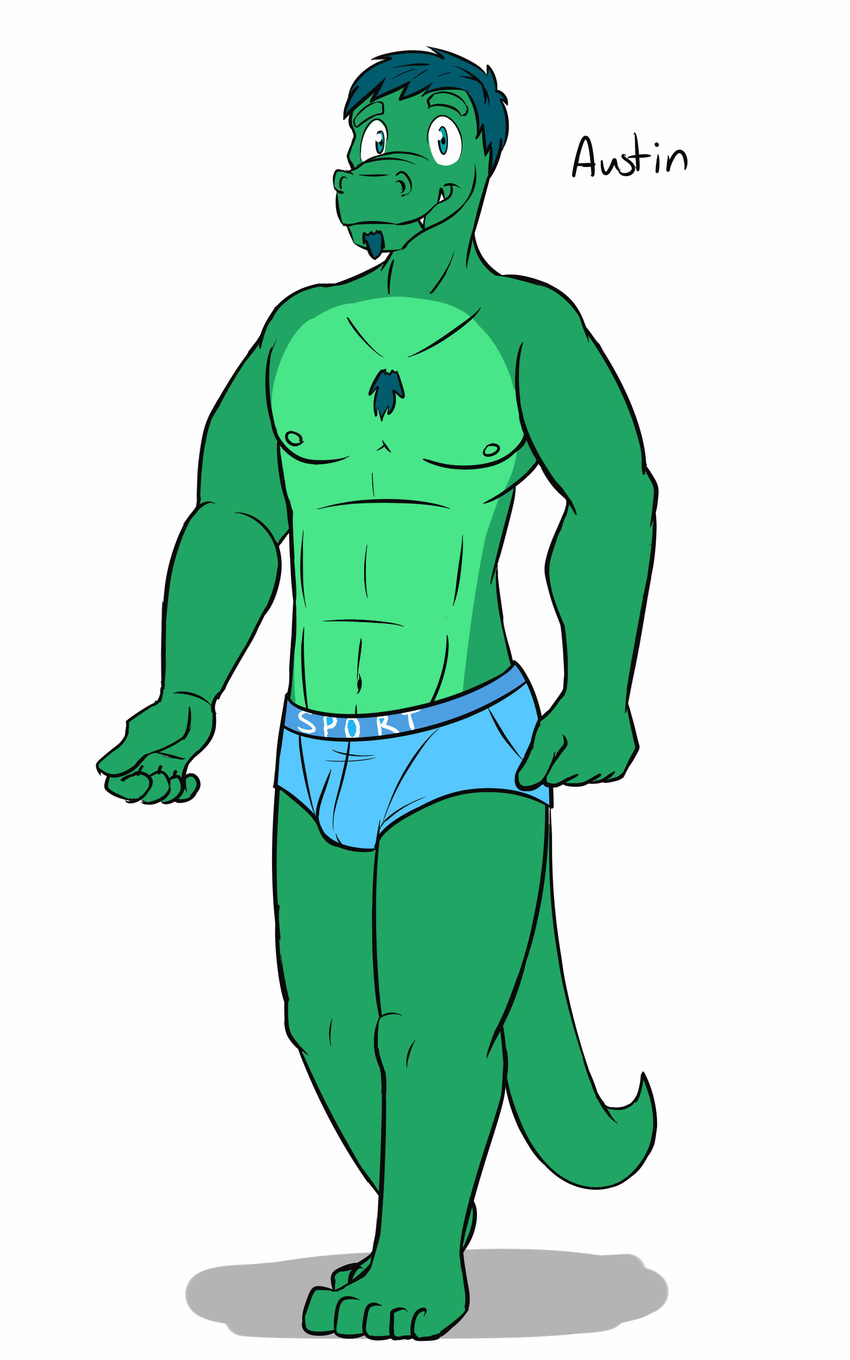 alligator anthro austin_abel blue_underwear briefs character_name clothed clothing crocodilian fuze male nipples reptile scalie simple_background solo texnatsu topless underwear white_background