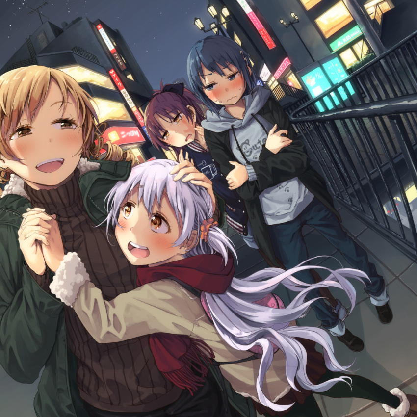 4girls :d arm_up backpack bag bangs blonde_hair blue_eyes blue_hair blush bow brown_eyes closed_mouth crossed_arms drill_hair dutch_angle eyebrows_visible_through_hair fisheye fur-trimmed_sleeves fur_trim furrowed_eyebrows hair_bow hair_ornament hair_scrunchie hairclip half-closed_eyes hand_holding hand_on_another's_head hand_on_own_arm hand_print hands_up height_difference high_ponytail hood hood_down hoodie hug interlocked_fingers jacket jewelry long_hair long_sleeves looking_at_another mahou_shoujo_madoka_magica miki_sayaka momoe_nagisa multiple_girls night open_clothes open_jacket open_mouth outdoors pants pantyhose parted_bangs ponytail purple_hair railing red_hair red_scarf ribbed_sweater ring ryuunosuke_(luckyneco) sakura_kyouko scarf scrunchie shoes short_hair side_ponytail sidelocks skirt sky slap_mark smile standing star_(sky) starry_sky sweat sweater swept_bangs tearing_up tomoe_mami turtleneck turtleneck_sweater twin_drills upper_teeth very_long_hair wavy_mouth
