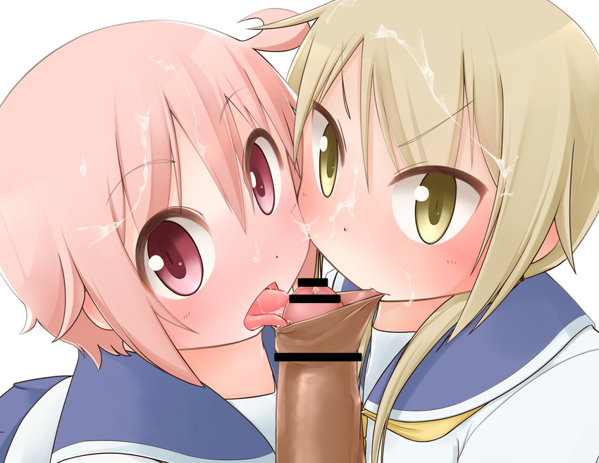 1boy 2girls blonde_hair blush cum facial fellatio ichii_yui looking_at_viewer multiple_girls nonohara_yuzuko pink_hair red_eyes tongue yellow_eyes yuyushiki