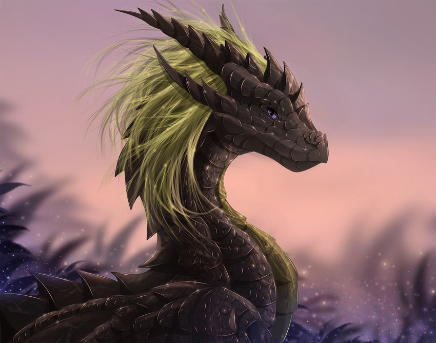 2018 black_scales blonde_hair day detailed_background digital_media_(artwork) dragon feral hair horn outside purple_eyes ridged_horn scales sky solo telleryspyro