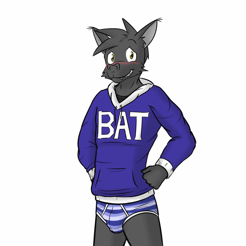 anthro bat blue_sweatshirt blue_underwear blush briefs bulge clothing english_text fat_hoodie fuze hoodie kenta_yamashita male mammal solo striped_underwear text underwear