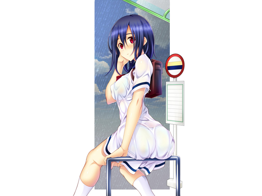 animal_hand arm_support ass ass_support bag bangs beelzebub_(zyvp2552) blue_hair blush bow bowtie bra bralines breasts bus_stop carrying closed_mouth commentary_request dress from_behind highres light_frown long_hair looking_at_viewer looking_back medium_breasts official_art original outside_border panties pantylines railing rain red_eyes road_sign school_bag school_uniform see-through short_dress sign single_horizontal_stripe sitting socks solo underwear wet wet_clothes wet_dress wet_hair white_background white_dress white_legwear