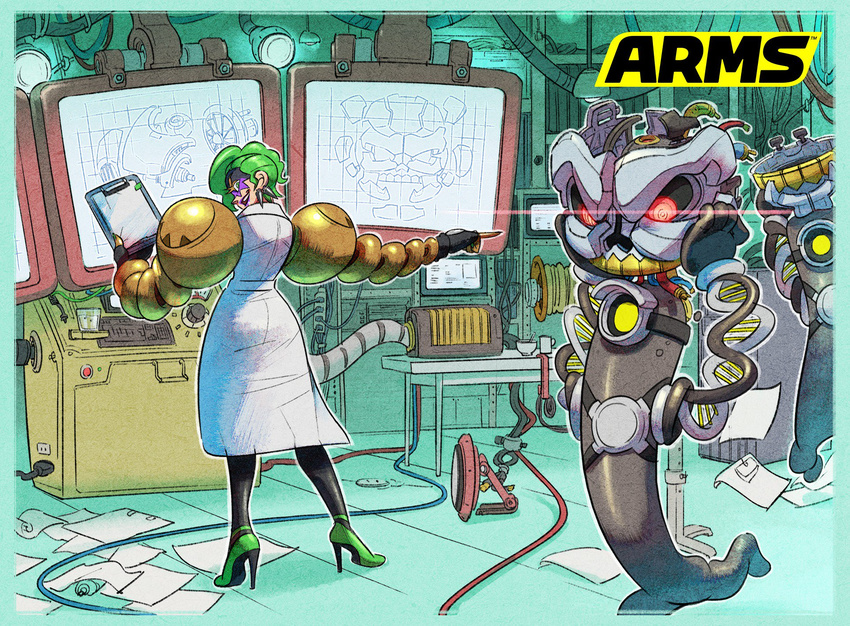 arms_(game) blueprint commentary_request dr._coyle green_hair hedlok highres ishikawa_masaaki labcoat laboratory logo mechanical_arm monitor official_art pointing robot slime the_cell