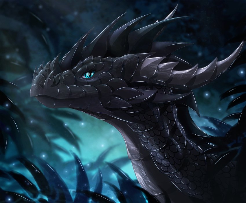 2018 black_scales blue_eyes detailed_background digital_media_(artwork) dragon eyelashes feral horn night outside ridged_horn scales smile solo spines telleryspyro