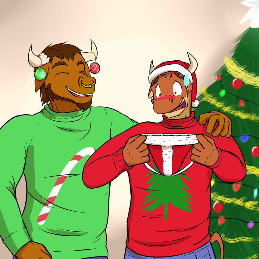 blush bovine cattle christmas christmas_ornaments christmas_tree clothing father father_and_son fuze gag_gift hat holidays jockstrap male mammal parent red_underwear santa_hat son sweat sweatdrop texnatsu tree ty_(fuze) ty_conrad underwear