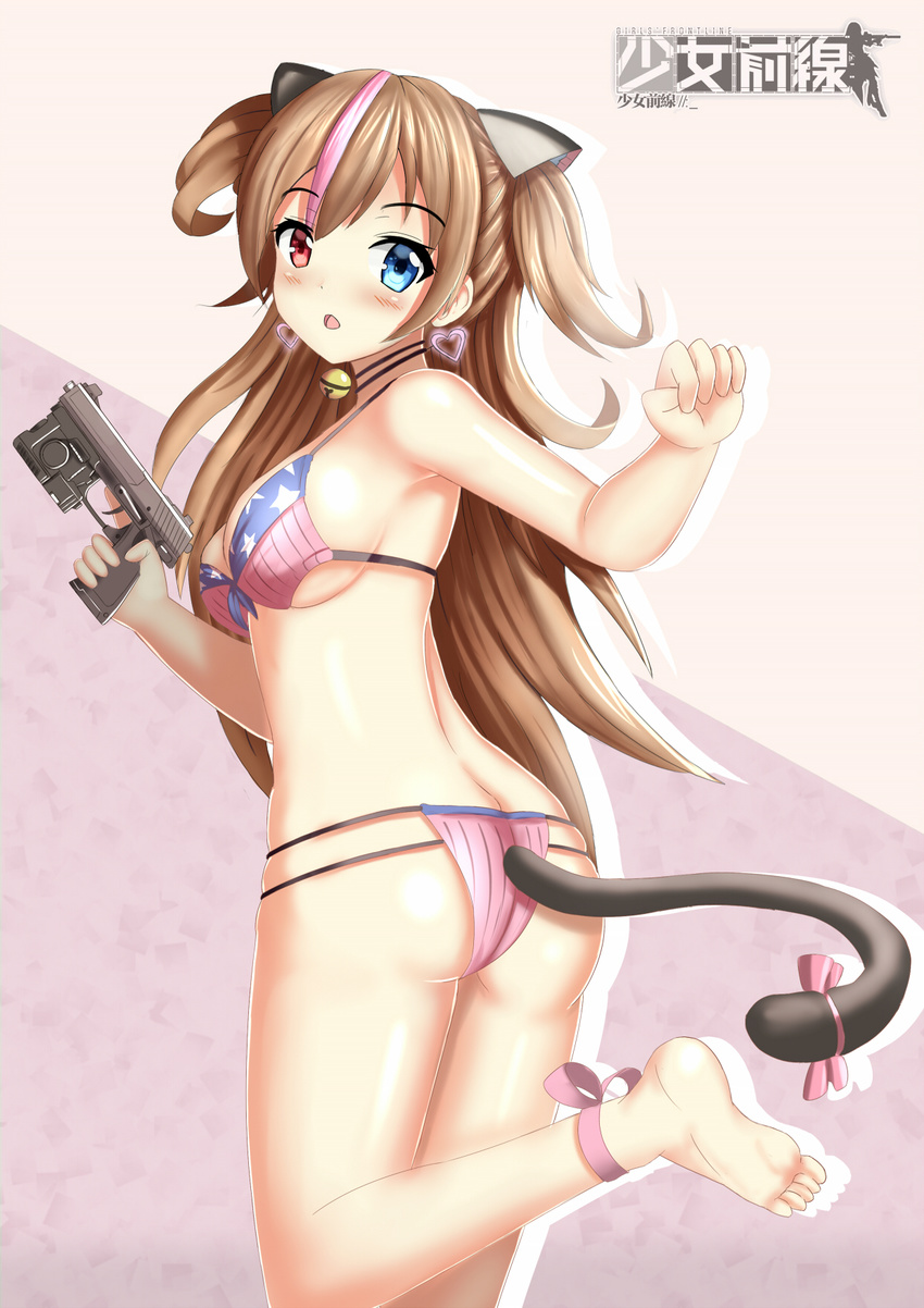 american_flag american_flag_bikini american_flag_print animal_ears arlly_radithia armpits ass bell bell_choker bikini blue_eyes blush breasts brown_hair butt_crack cat_ears cat_tail choker cleavage clenched_hand commentary earrings eyebrows_visible_through_hair flag_print from_behind girls_frontline gun handgun heart heart_earrings heckler_&amp;_koch heterochromia highres hk_mark_23 holding holding_gun holding_weapon jewelry leg_ribbon leg_up long_hair looking_at_viewer looking_back medium_breasts mk_23_(girls_frontline) multicolored_hair open_mouth pink_ribbon pistol red_eyes ribbon shiny shiny_skin skindentation soles solo summer swimsuit tail tail_through_clothes thighs trigger_discipline weapon