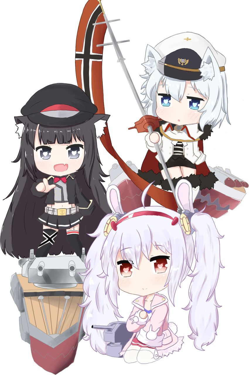 :o ahoge anchor_symbol animal_ears azur_lane bailingxiao_jiu bangs black_eyes black_hair black_hat black_jacket black_legwear black_skirt blue_eyes blunt_bangs blush boots bunny_ears camisole cannon cape cat_ears chibi closed_mouth collarbone commentary_request eyebrows_visible_through_hair flag fur-trimmed_boots fur-trimmed_cape fur-trimmed_jacket fur_trim grey_shirt hair_between_eyes hair_ornament hairband hat heart heart-shaped_pupils highres holding holding_flag jacket kemonomimi_mode laffey_(azur_lane) long_hair long_sleeves looking_at_another looking_at_viewer looking_to_the_side midriff military_hat mismatched_legwear multiple_girls navel open_clothes open_jacket parted_lips peaked_cap pink_jacket pleated_skirt pointing pointing_at_viewer red_cape red_eyes red_hairband red_skirt seiza shirt silver_hair simple_background sitting skirt sleeves_past_fingers sleeves_past_wrists smile standing symbol-shaped_pupils thigh_boots thighhighs tirpitz_(azur_lane) torpedo turret very_long_hair white_background white_camisole white_footwear white_hat white_jacket white_legwear z19_hermann_kunne_(azur_lane)