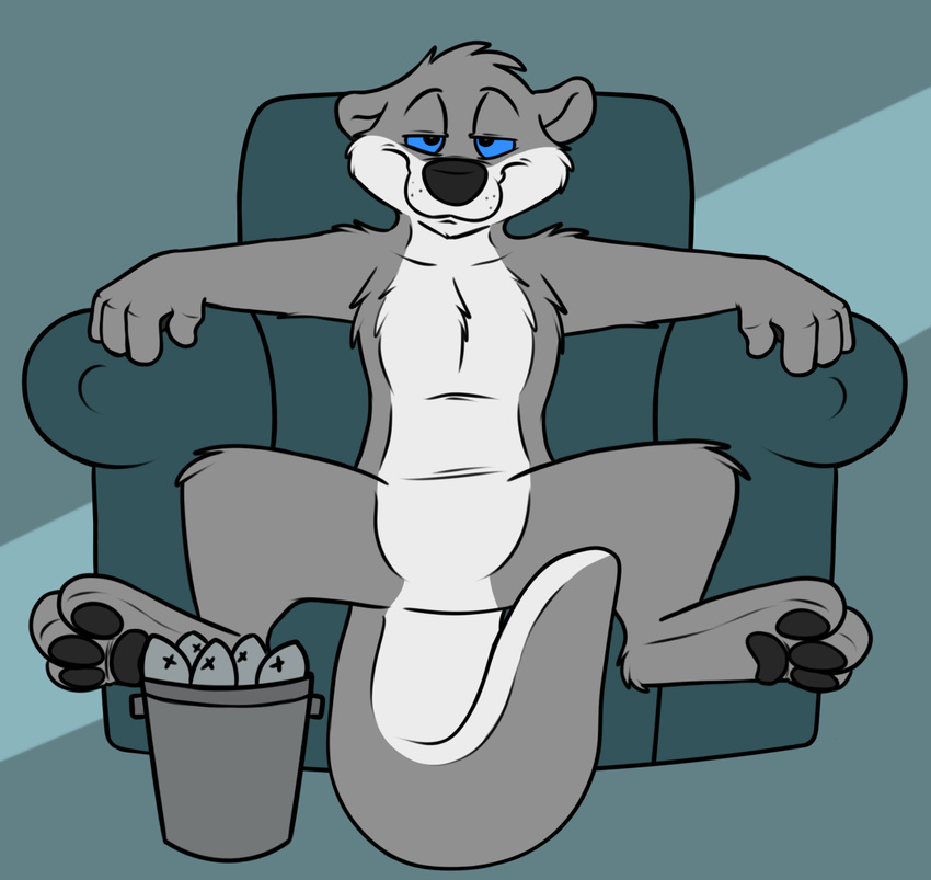 3_toes 4_fingers anthro armchair black_nose black_pawpads blue_sclera bucket chair cheek_tuft chest_tuft countershade_face countershade_tail countershade_torso countershading eyebrows featureless_crotch flat_colors front_view full-length_portrait fur grey_background grey_fur grey_tail half-closed_eyes head_tuft knee_tuft looking_at_viewer male mammal multicolored_fur mustelid nude otter pawpads portrait rotten_robbie shoulder_tuft simple_background sitting solo spread_legs spreading toes tuft two_tone_fur two_tone_tail white_countershading white_fur white_tail