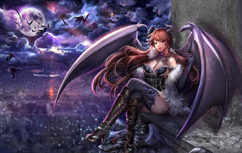 bat black_gloves boots brown_hair cloud cloudy_sky corset cross-laced_footwear crossed_legs demon demon_girl demon_wings elbow_gloves flying fog fur gargoyle gloves glowing glowing_eyes high_heel_boots high_heels highres holding holding_hair horns jewelry lace-up_boots leather leather_boots ledge long_hair looking_at_viewer moon necklace night original parted_lips purple red_eyes sangrde sitting sky solo_focus star_(sky) very_long_hair wall wind wings