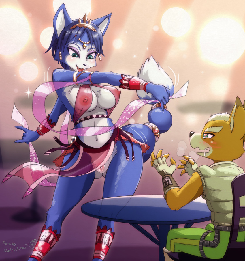 &lt;3 &lt;3_eyes 2018 anthro areola blue_fur blue_hair blush breasts brown_fur bulge canine clothed clothing cute_fangs duo erection eyelashes female fox fox_mccloud fur hair jewelry krystal male mammal melonleaf mostly_nude multicolored_fur navel nintendo nipples open_mouth pussy saliva star_fox tenting two_tone_fur video_games white_fur