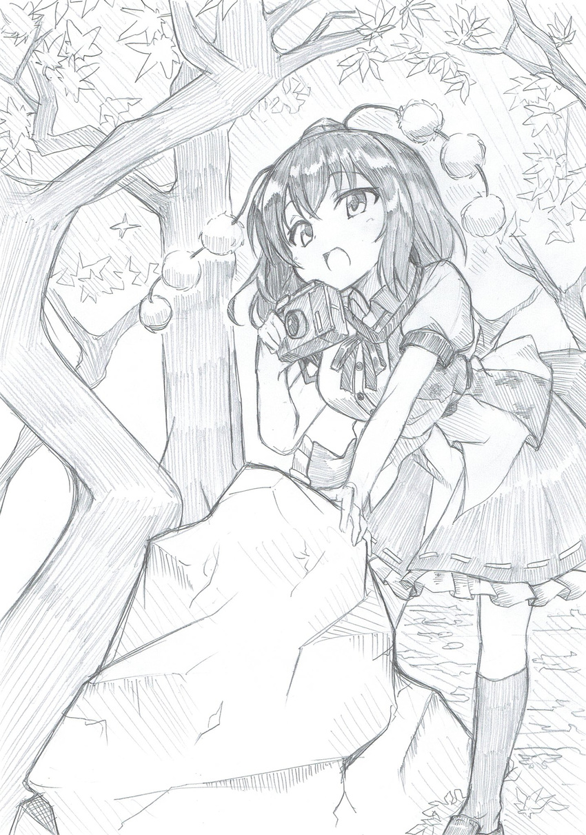 boulder bow bowtie buttons camera collar collared_shirt eyebrows_visible_through_hair forest frilled_skirt frills full_body graphite_(medium) greyscale hat highres kneehighs leaf leaning_on_object mahiro_(akino-suisen) monochrome nature pom_pom_(clothes) puffy_sleeves rock shameimaru_aya shirt shoes short_hair short_sleeves skirt solo strap tokin_hat touhou traditional_media tree