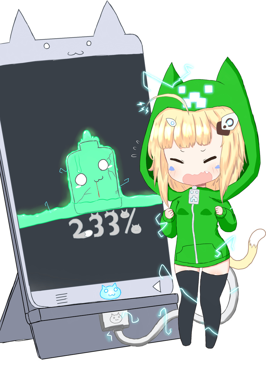 :3 ahoge animal_ears animal_hood azur_lane bailingxiao_jiu black_legwear blonde_hair blood blood_from_mouth blush breasts cat_ears cat_girl cat_hood cat_tail cellphone closed_mouth commentary_request creeparka creeper eldridge_(azur_lane) electricity facial_mark fang flying_sweatdrops green_hoodie hair_ornament highres hood hood_up hoodie kemonomimi_mode long_hair long_sleeves minecraft minigirl no_shoes o_o phone sidelocks simple_background small_breasts smartphone solo standing tail thighhighs wavy_mouth white_background
