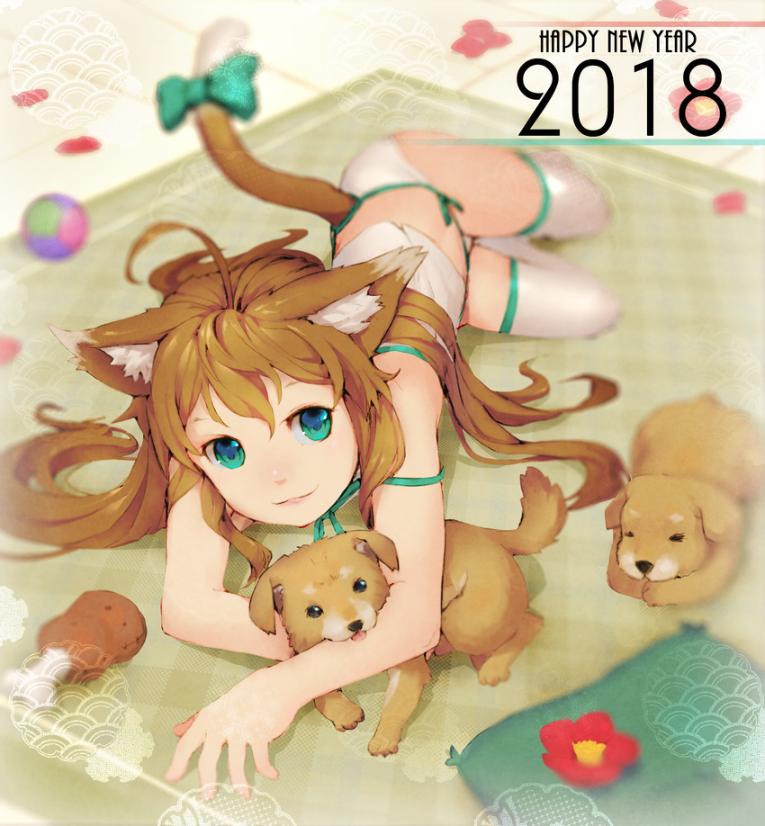 2018 animal animal_ears cat_ears cat_tail chinese_zodiac dog happy_new_year highres looking_at_viewer nengajou new_year original segamark solo tail year_of_the_dog