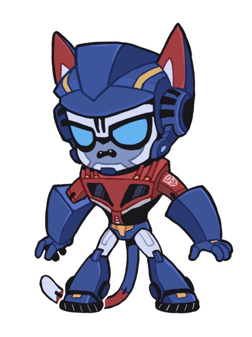 ambiguous_gender anthro blue_body blue_eyes empty_eyes fangs feline front_view juanmao1997 looking_at_viewer machine mammal metallic_body open_mouth optimus_prime red_body robot silver_body simple_background solo standing transformers white_background