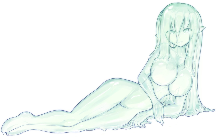 breasts core full_body goo_girl green groin idon large_breasts long_hair looking_at_viewer lying monochrome monster_girl nude on_side original pointy_ears solo