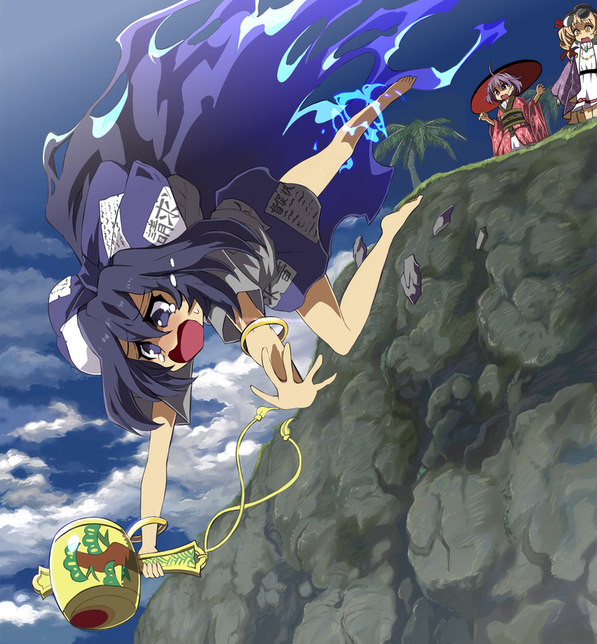 ahoge aura bangle bare_legs barefoot black_hat blonde_hair blue_bow blue_eyes blue_hair blue_skirt blue_sky bow bowl bowl_hat bracelet brown_eyes cliff cloud commentary_request day debt dress eyewear_on_head falling hair_bow hair_ribbon hat highres holding hood hood_down hoodie japanese_clothes jewelry kimono long_hair miniskirt miracle_mallet multiple_girls necklace obi open_mouth outdoors palm_tree purple_hair red_eyes red_kimono red_ribbon ribbon rock sash shope skirt sky sukuna_shinmyoumaru sunglasses sweatdrop teardrop tears top_hat touhou tree very_long_hair white_dress wide_sleeves yorigami_jo'on yorigami_shion