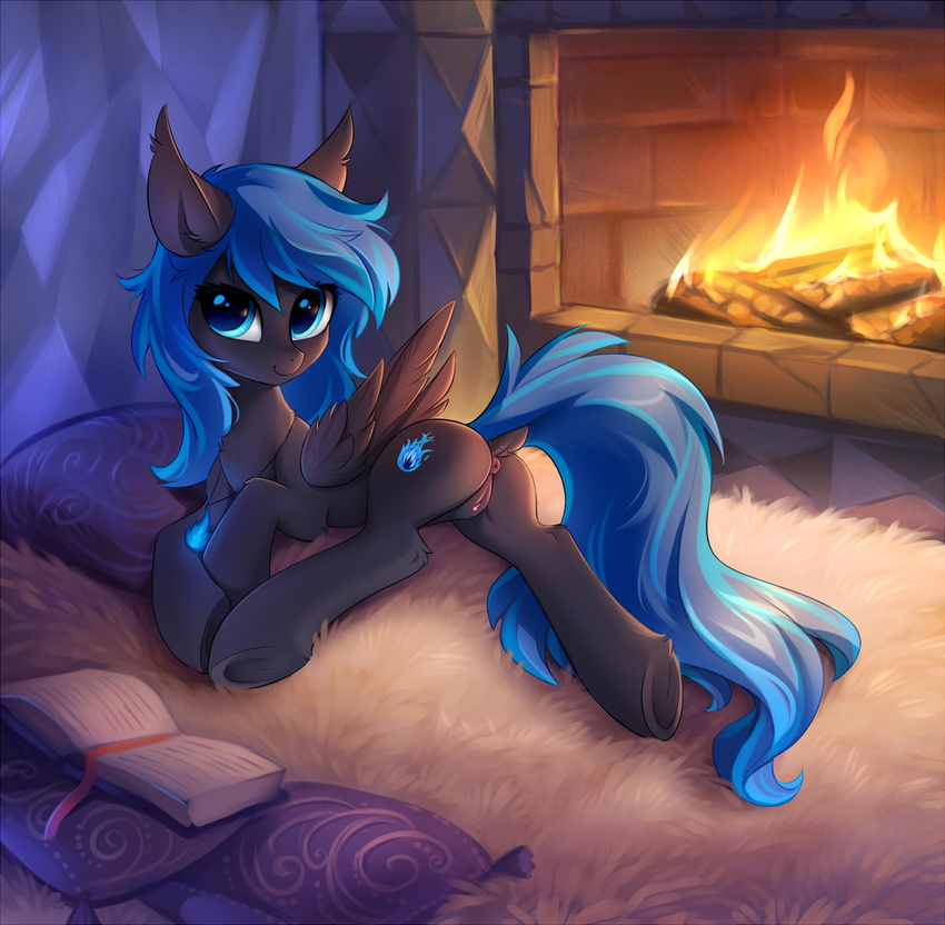 2018 anus blue_hair book butt cutie_mark detailed_background digital_media_(artwork) dock equine fan_character feathered_wings feathers female feral fire fireplace hair hooves inside looking_at_viewer mammal my_little_pony pegasus pussy smile solo tomatocoup underhoof wings