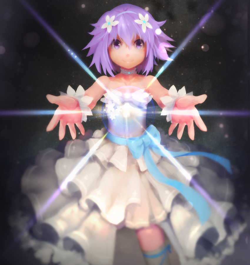 choker flower frills glowing hair_flower hair_ornament highres looking_at_viewer md5_mismatch neptune_(choujigen_game_neptune) neptune_(series) purple_eyes purple_hair ribbon segamark smile solo