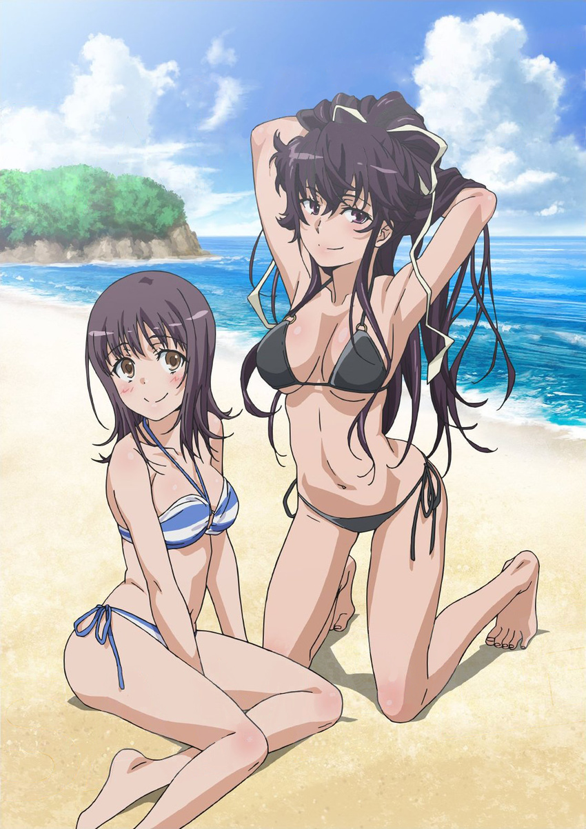 absurdres armpits beach bikini black_hair breasts brown_eyes cleavage day hair_ribbon highres itsuwa kanzaki_kaori long_hair medium_breasts multiple_girls navel official_art purple_eyes purple_hair ribbon sand side-tie_bikini smile swimsuit to_aru_majutsu_no_index underboob