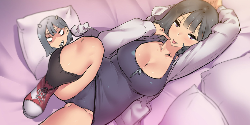 :p arm_up black_hair black_school_swimsuit black_swimsuit breasts cleavage harabacho_(gkfkqkch1) hood hoodie large_breasts leg_up looking_at_viewer lying old_school_swimsuit on_back one-piece_swimsuit open_clothes open_hoodie original pillow purple_eyes school_swimsuit short_hair solo swimsuit tongue tongue_out zipper