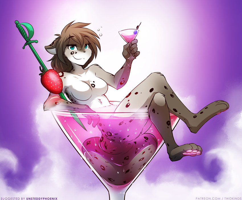 2018 alcohol anthro beverage blue_eyes breasts canine casual_nudity cocktail crossed_legs digitigrade featureless_breasts feline female food fruit fur glass gradient_background grey_fur hi_res holding_object hybrid kathrin_(twokinds) keidran looking_at_viewer lounging mammal martini micro multicolored_fur nude olive_(food) pawpads purple_background simple_background sitting smile solo spots spotted_fur stick strawberry tom_fischbach twokinds webcomic wet white_fur