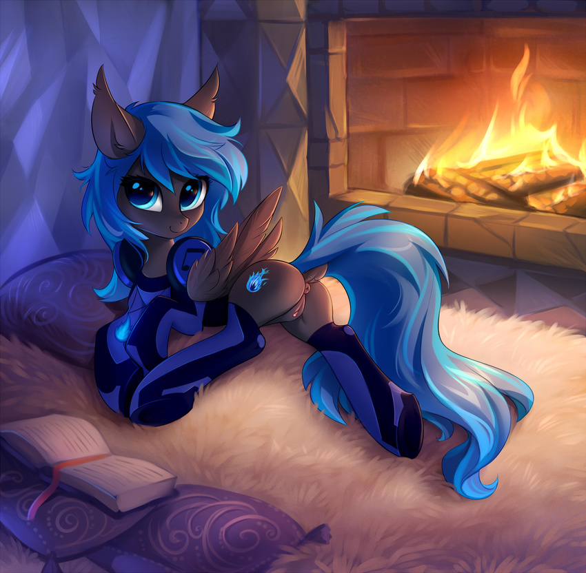 2018 anus blue_hair book butt cutie_mark detailed_background digital_media_(artwork) dock equine fan_character feathered_wings feathers female feral fire fireplace hair hi_res inside looking_at_viewer mammal my_little_pony pegasus pussy smile solo tomatocoup wings