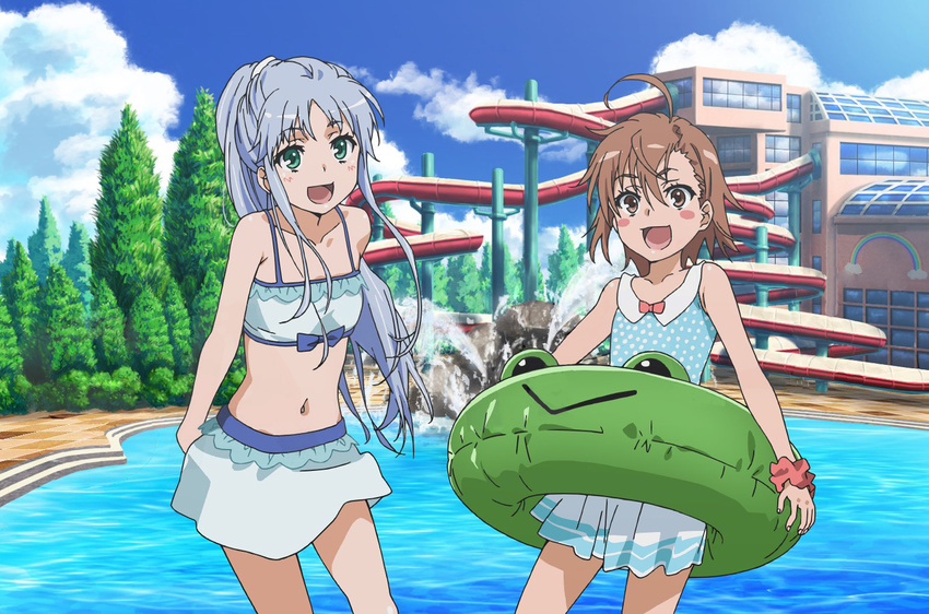 :p blush brown_eyes brown_hair green_eyes green_innertube highres index innertube last_order long_hair multiple_girls navel official_art short_hair silver_hair swimsuit to_aru_majutsu_no_index tongue tongue_out waterpark