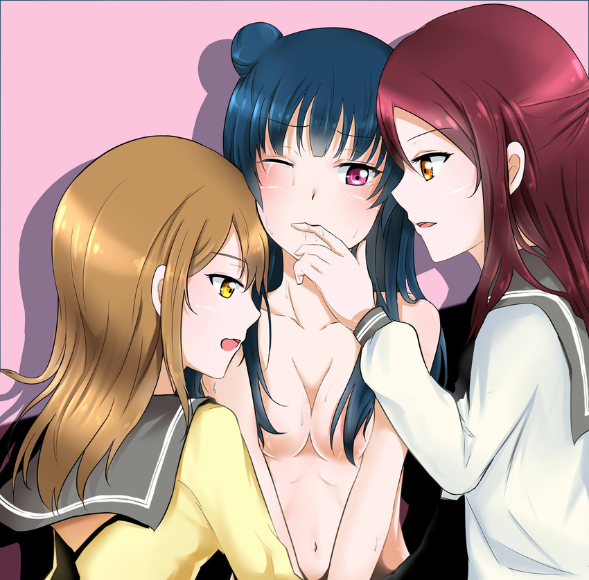 3girls blue_hair breasts brown_eyes brown_hair finger kunikida_hanamaru long_hair love_live! love_live!_sunshine!! multiple_girls one_eye_closed purple_eyes red_hair sakurauchi_riko saliva tsushima_yoshiko yuetan_(ssvs73608) yuri