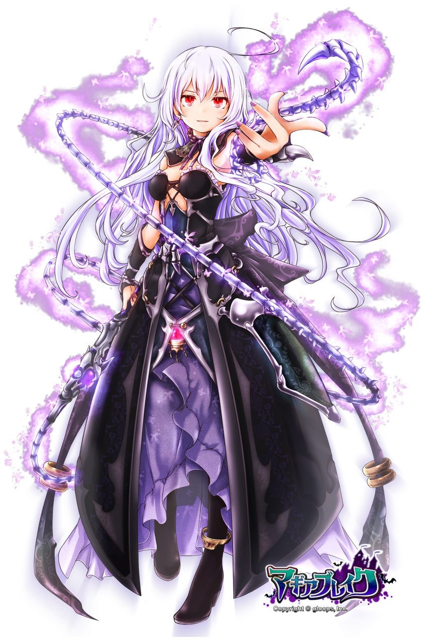 ahoge akino_coto detached_collar dress earrings full_body highres jewelry long_hair looking_at_viewer necromancer official_art original parted_lips reaching_out red_eyes solo strapless strapless_dress transparent_background whip white_hair