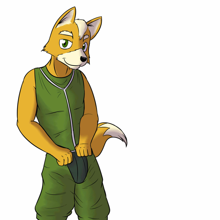 5_fingers anthro black_nose canine clothed clothing fox fox_mccloud fur fuze green_eyes green_pants happy hi_res jumpsuit looking_at_viewer male mammal nintendo pose simple_background sleeveless solo standing star_fox video_games white_background white_fur yellow_fur