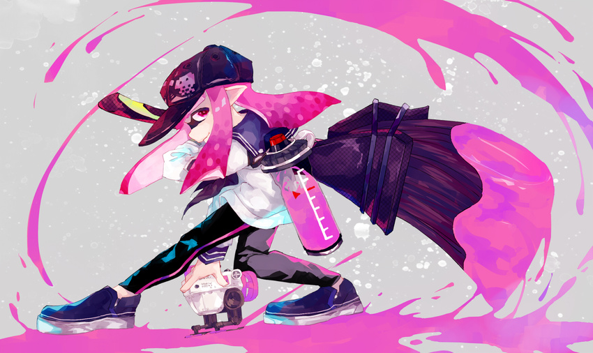 autobomb_(splatoon) baseball_cap black_hat black_neckwear black_pants blouse blue_footwear closed_mouth commentary domino_mask from_side full_body grey_background hat herobrush_(splatoon) highres holding holding_weapon ink_tank_(splatoon) inkling long_hair looking_at_viewer mask neckerchief paint_splatter pants pink_hair pointy_ears print_hat rangetsu_(dawnsky) sailor_collar shoes single_vertical_stripe smirk solo splatoon_(series) splatoon_2 tentacle_hair weapon white_blouse