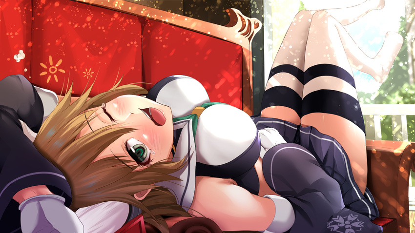 animal_ears azur_lane bare_shoulders blush breasts brown_hair commentary couch crop_top day detached_sleeves eyebrows_visible_through_hair eyelashes feet_up full_body furutaka_(azur_lane) gloves hand_on_own_stomach kanzaki_kureha long_hair long_sleeves looking_at_viewer lying medium_breasts miniskirt on_back one_eye_closed open_mouth pleated_skirt remodel_(azur_lane) sailor_collar skirt solo tears thighhighs white_gloves white_legwear window yawning
